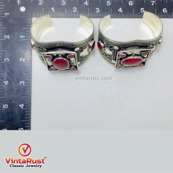 single Handmade Boho Kuchi Cuff Bracelet inlaid With Stones, Tribal Ethnic Cuff - Picture 5 of 6